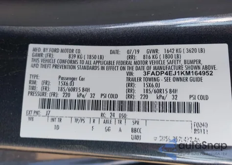 2019 Ford Fiesta Se из США, поврежденный, VIN 3FADP4EJ1KM164952